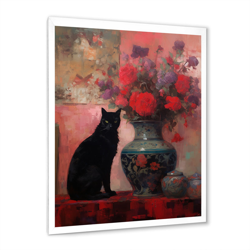 Peinture d'un chat noir avec vase rouge, H 20 po x l 12 po x P 1 po, Cadre simple blanc