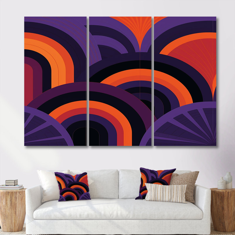 Abstrait vagues rétro mauve orange - ensemble d'art mural abstrait, Toile tendue, H 40 po x l 60 po x P 1 po