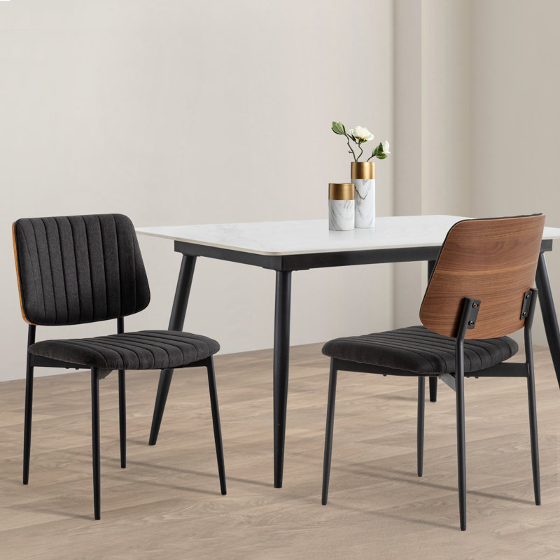 Ortaliz Mid-century Dining Chair Set Linen Fabric Bentwood Back Armless Side Chair (Set of 2), Black, 2