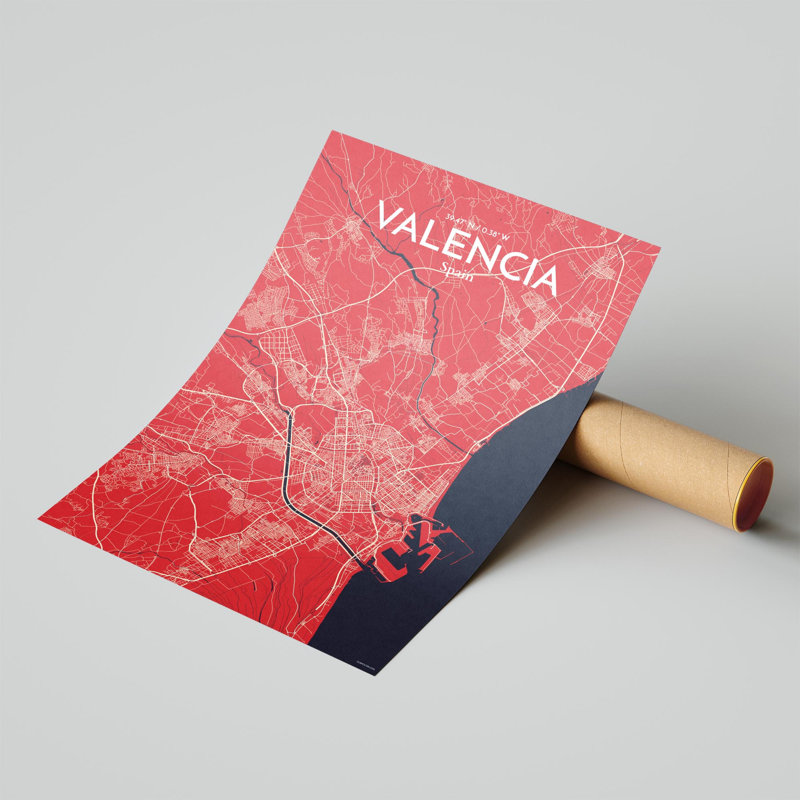 Valencia, carte de la ville, impression, H 17 po x l 11 po, Rouge / bleu marine