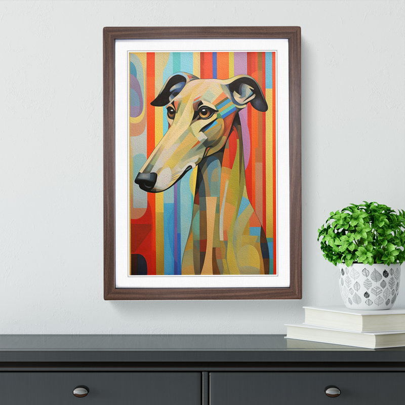 Greyhound Geometric - Single Picture Frame Print on Wood, Walnut, 64cm H x 46cm W x 2cm D