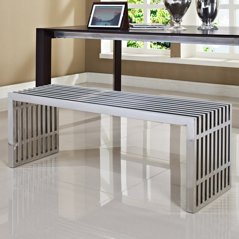  Metal Bench, 17" H x 60" W x 15"D, Polished Sliver
