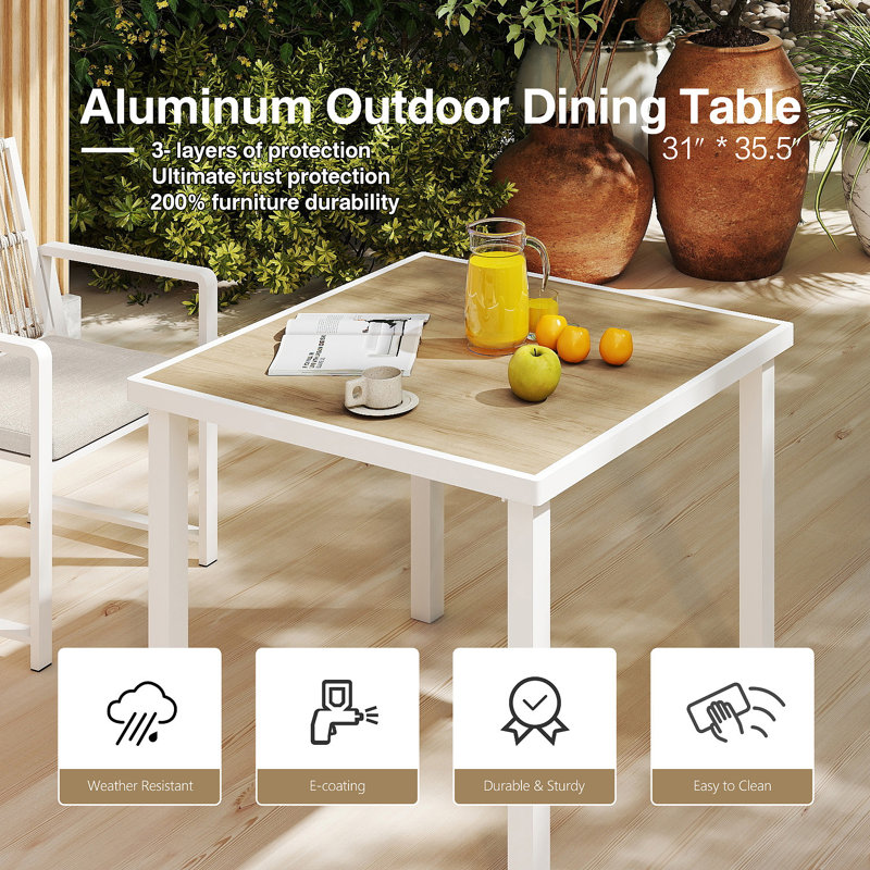 Table de salle à manger d'extérieur en aluminium 3 pi pour 4 personnes, table d'extérieur imperméable toutes saisons, enduite de bois aspect E, blanc