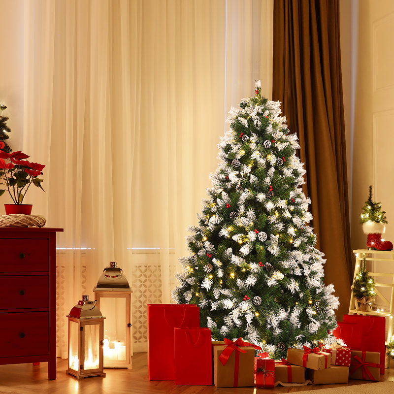Arbre de Noël blanc / vert pin floqué / givré / cachemire réaliste avec lumières DEL, H 6 pi