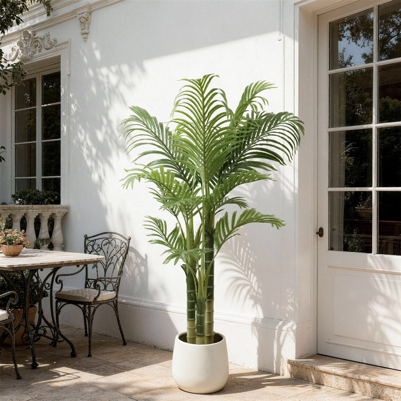 Artificial Palm Tree with White Planter, Large Fake Plants Golden Cane Palm Tree Plastic Tall Areca Palm in Pot for Indoor Outdoor Home Office Living Room Decor