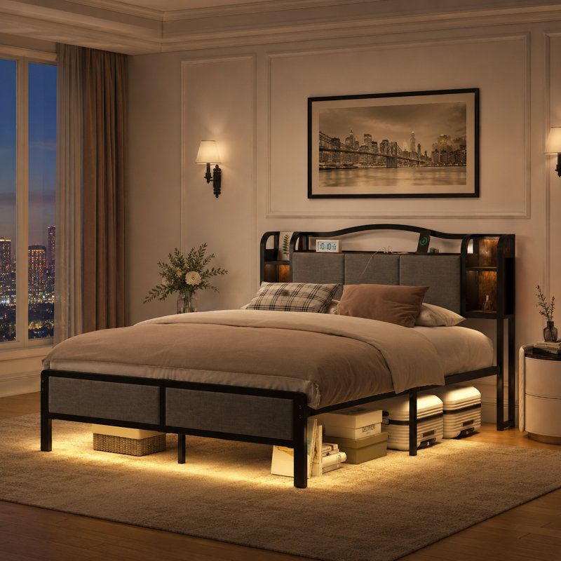 Upholstered Bed Frame With Led Lights & Charging Station, Queen