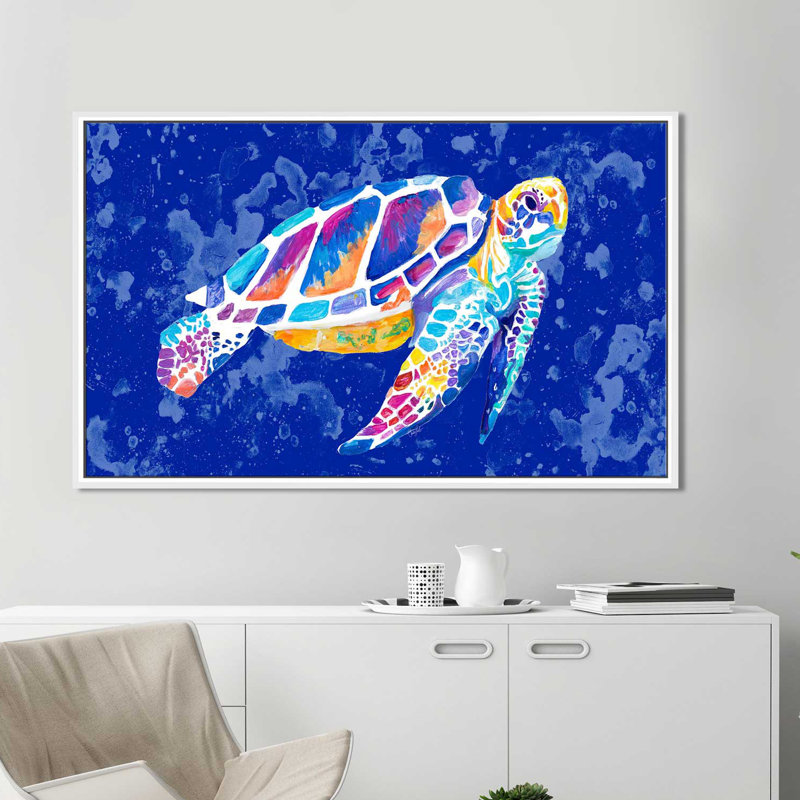 «Vibrant Blue Sea Turtle» par Chelsea Goodrich - reproduction, H 21,5 po x l 33,5 po x P 2 po, Cadre flottant blanc