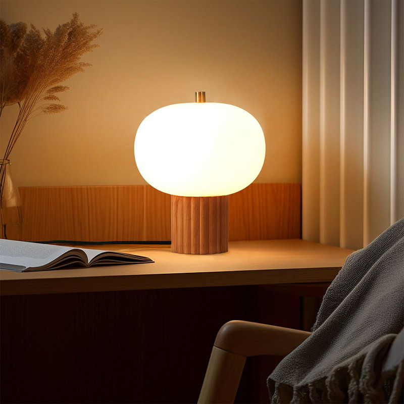 Tambo Accent Table Lamp - Dark Walnut Wood Finish, Weathered Brass, White Oval Opal Glass Shade, Natural Ash