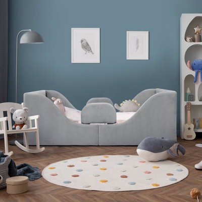 Toddler Bed, Toddler Floor Bed – Low-to-Ground Design with Detachable Guard Rails, Soft Upholstered Transition Bed, Standard Crib Size for kids Ages 1–6 (Gray)
