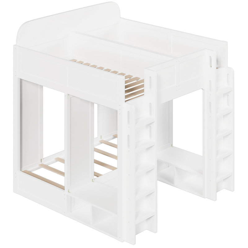 Lit superposé triple avec tablettes et crochets de rangement, Blanc