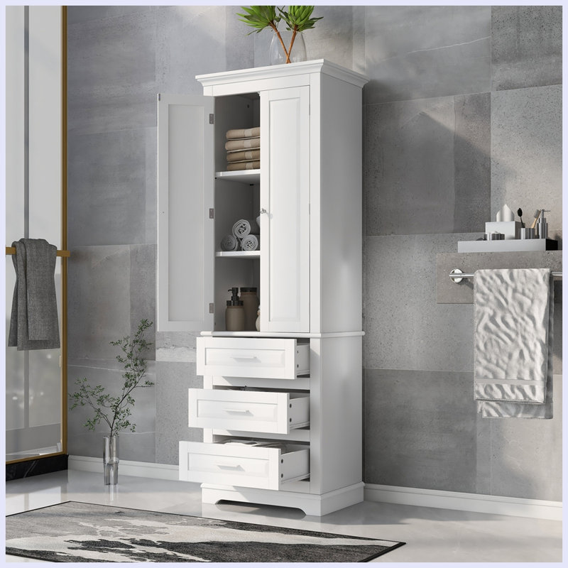 Modern Tall Storage Cabinet with Three Drawers for Bathroom, White