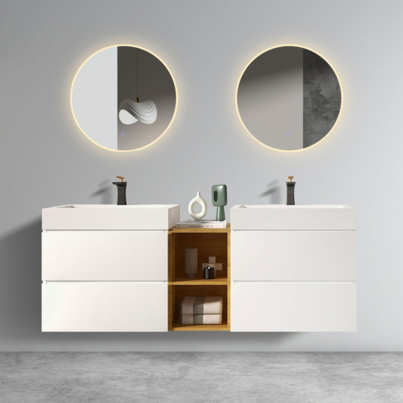 Meuble-lavabo blanc 72 po avec lavabos doubles et tablette ouverte, meuble-lavabo mural moderne flottant, lavabo une pièce sans drain ni robinet