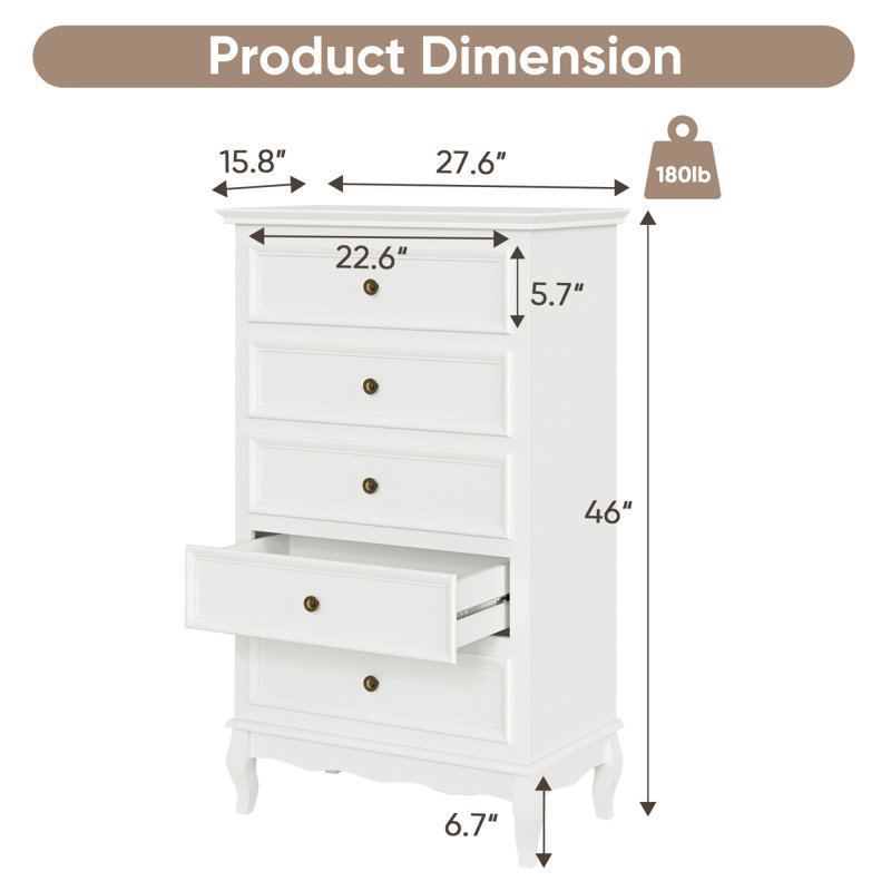 Commode 5 tiroirs pour chambre à coucher, armoire de rangement moderne avec pieds en bois massif et peint