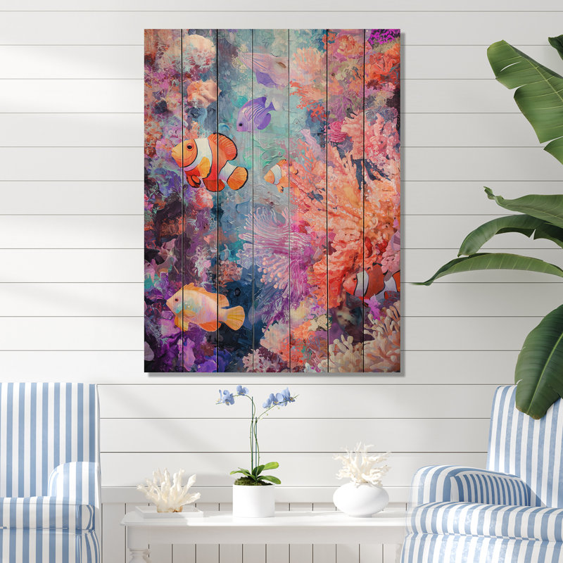 Coral Reef Fish Paradise II - impression moderne en bois orange sur bois de pin naturel, H 40 po x l 30 po