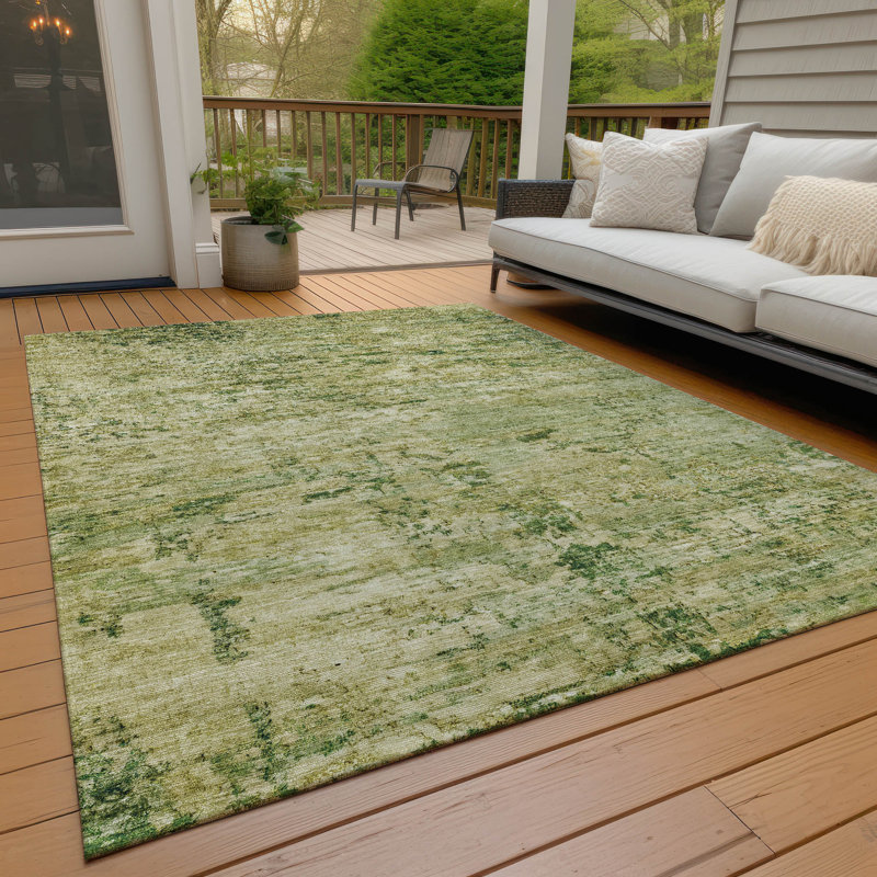 Machine Washable Green and Beige Synthetic Fern Rug
