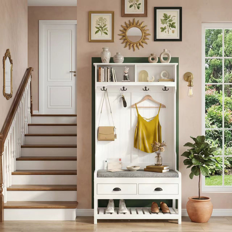 Castora 34.3'' Wide Hall Tree with Bench and Shoe Storage, White