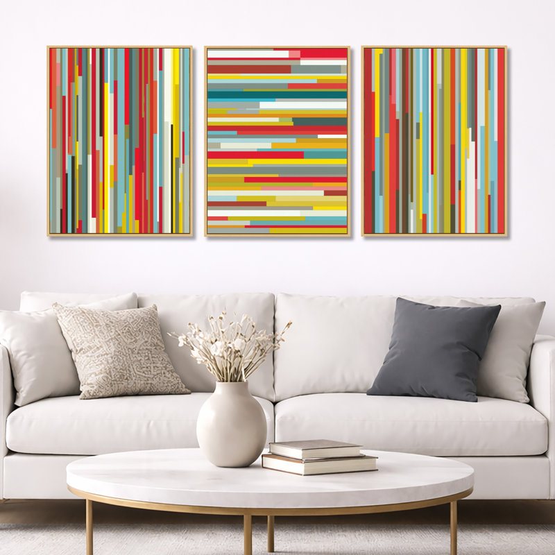 Rouge et jaune, lignes d'ombre abstraites colorées - art géométrique abstrait 3 pièces, Natural Wood Floater Framed