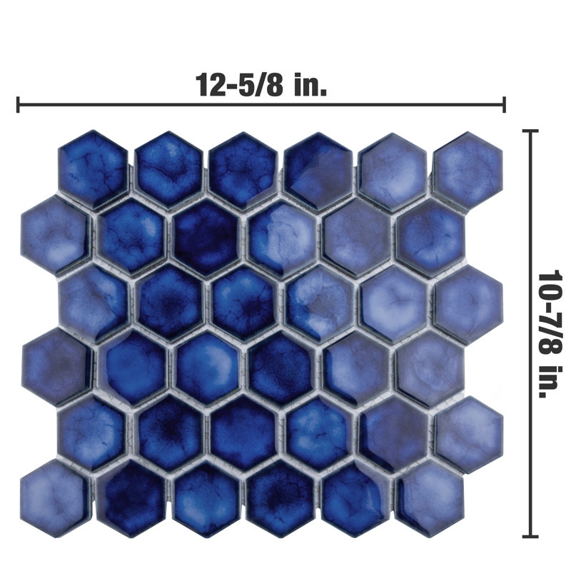 Hudson Due 2" Hex 10-7/8 " x 12-5/8 " Porcelain Mosaic Floor and Wall Tile, Glossy Sapphire