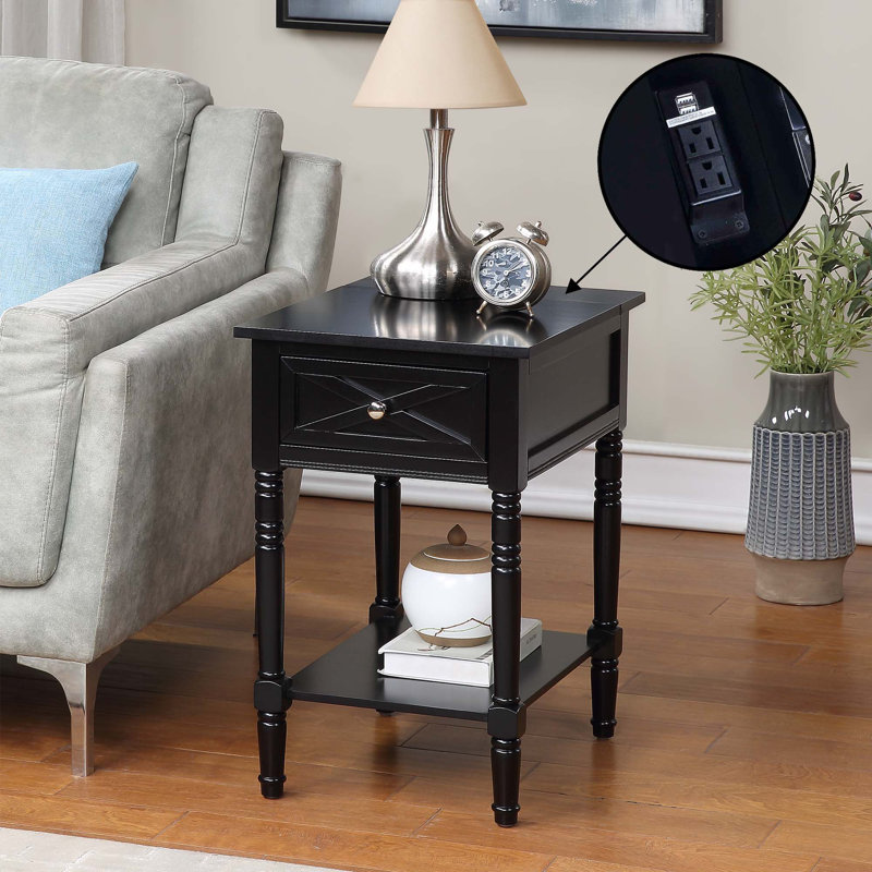 Lirette 25" Tall End Table with 1 Drawer and Built in Outlets, Black