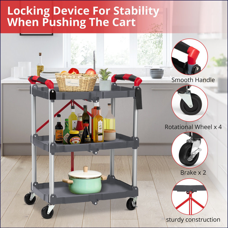 Foldable Utility Carts With Wheels, 3-tier Holds Folding Rolling Cart With Fixed Rope, Pack-n-roll Collapsible Service Cart For Home, Office, Garage, And Warehouse - No Assembly Required