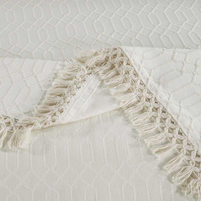 Ivory Twin Cotton Geometric Fringe Bedspread Set