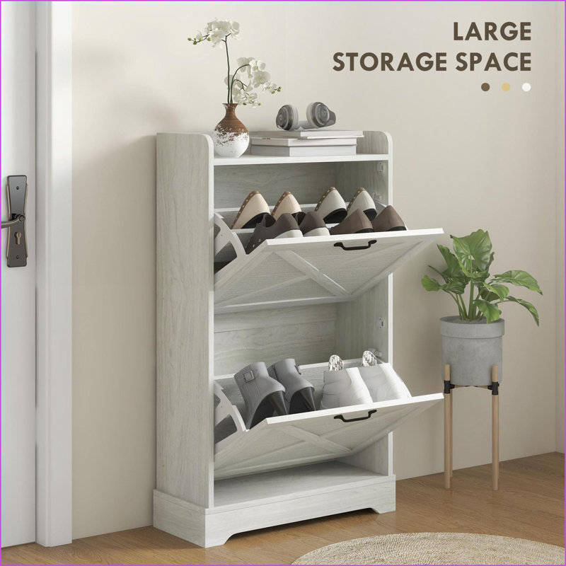 Shoe Cabinet, Farmhouse Distressed Off-White Storage with 2 Flip Drawers &amp; Adjustable Shelves Holds 8 Pairs | Entryway | Particle Board