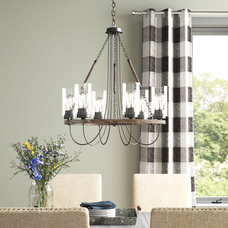 Lustre en roue de chariot à 6 lumières avec détails en bois Tallant, Ampoule non incluse, Grainé