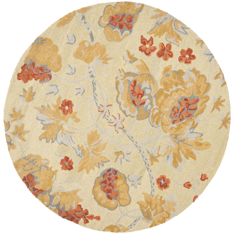 Emrick Hand Hooked Wool/Cotton/Latex Floral Rug in Beige, Round 6'