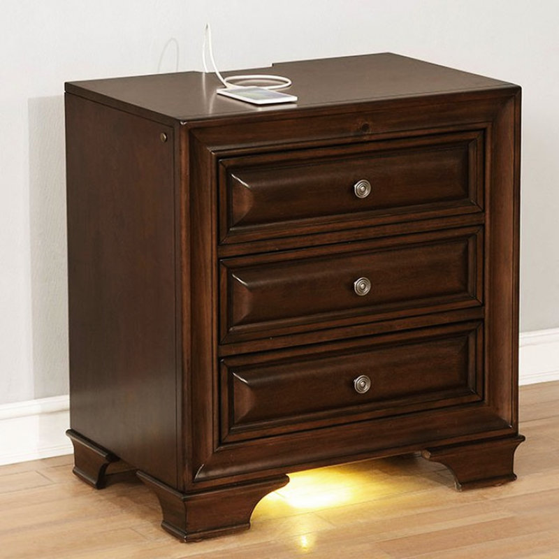 Table de chevet en cerisier brun pour la chambre à coucher - 3 tiroirs doublés de feutre et sortie en bois massif