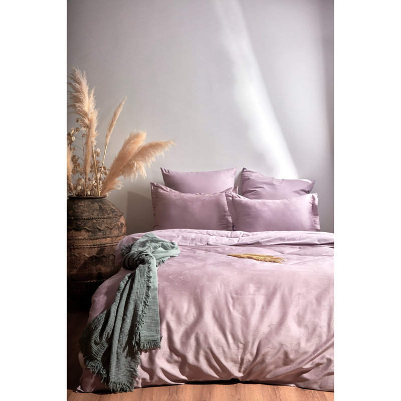 Ensemble de housse de couette double en satin Luxurious, 100% coton, violet | Comprend une housse de couette (78,7 x 86,6 po), un drap plat (94,5 x 102,4 po), 2 taies d'oreiller (19,7 x 27,6 po et 27,6 x 27,6 po) | 210 fils, conception jacquard, lavable à la machine facile d'entretien