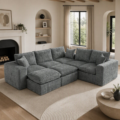 107'' Modern Boucle L-Shaped Sectional Sofa With Two Moveable Ottomans For Living Room, Comfy Cloud Couch With Pillows, Diy Combination
