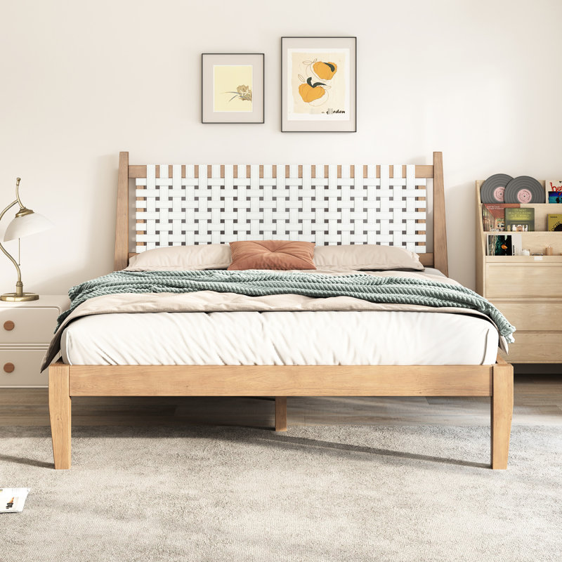 Contemporary Queen Bed With Woven White Leather Headboard, Solid Pine Wood, Easy Installation Coastal Platform And Natural Good For Bedroom Decor