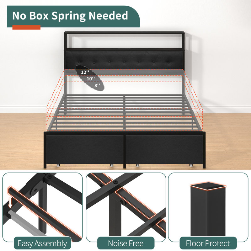 Lakeeya Bed Frame with Headboard, Metal Platform Bed Frame, Storage Bed with Charging Station, Queen