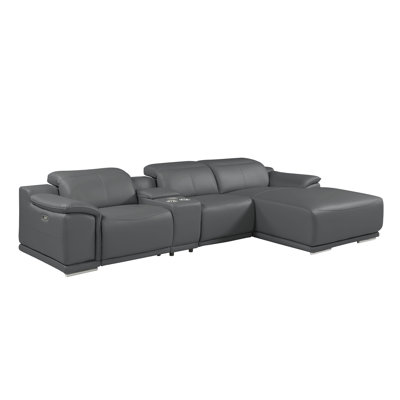 Canapé modulaire en L 4 pièces en cuir véritable gris foncé faisant face à la droite avec 2 fauteuils inclinables électriques et appuis-tête réglables
