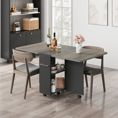 Folding Dining Table for 4 - 6 Wheels. 2-Layer Storage Shelf & Drawer - Space-Saving Collapsible Kitchen Table -   Gray Flap Panel +  Gray Cabinet with Handle. 1200x600x750mm