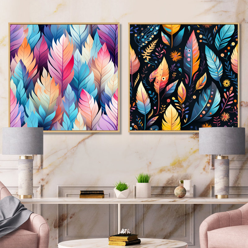 Tiffani - Ensemble de 2 reproductions d'art plumes abstraites sur toile, Encadrement brun, H 16 po x l 33 po x P 1 po