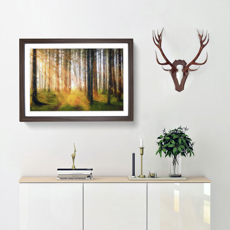 Rays of Light Through an Autumn Forest - Picture Frame Painting Print, 27cm H x 36cm W x 2cm D, Walnut Framed