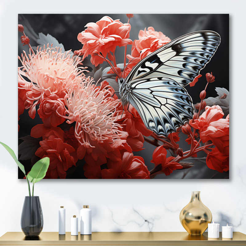 «Red Grey Butterfly Haven I», reproduction d'art sur toile, H 12 po x l 20 po x P 1 po, Toile tendue