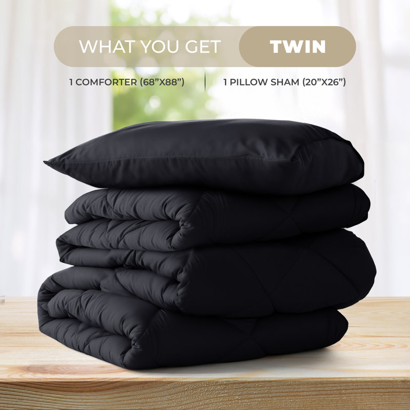 Down Alternative Microfiber Reversible Comforter Set - 3 Pcs All Season Diamond Pattern Comforter with Shams, Twin, Black
