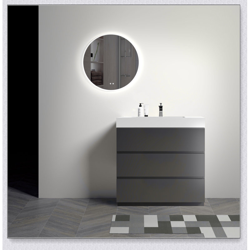 Meuble-lavabo autoportant avec grand lavabo et rangement, Gris, Blanc, 36"
