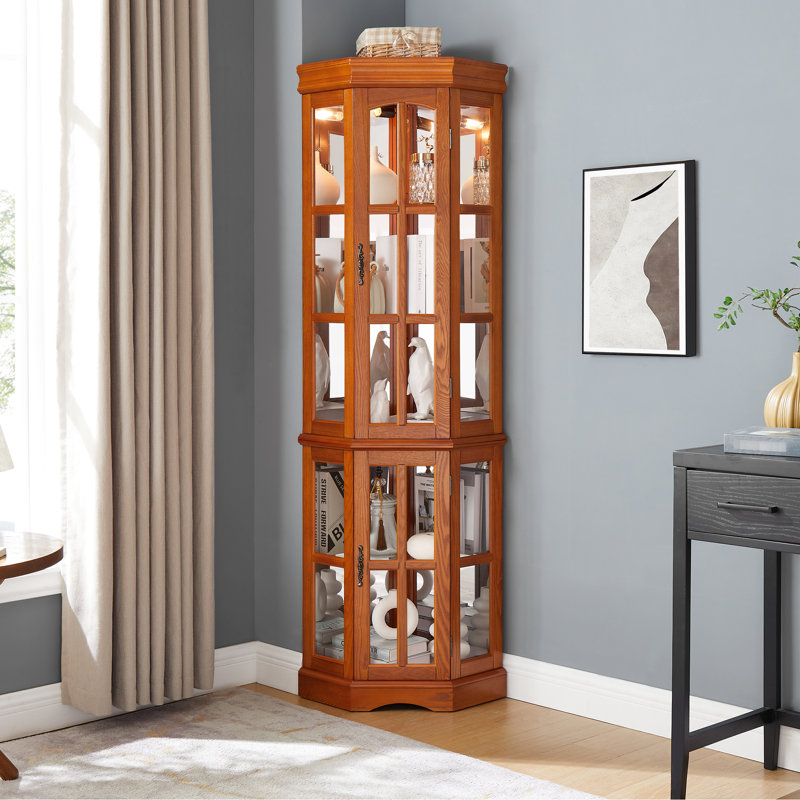 Oak Finish Corner Cabinet With 5 Shelf Arrangement And Lighting 5-Shelf Integrated System, Oak