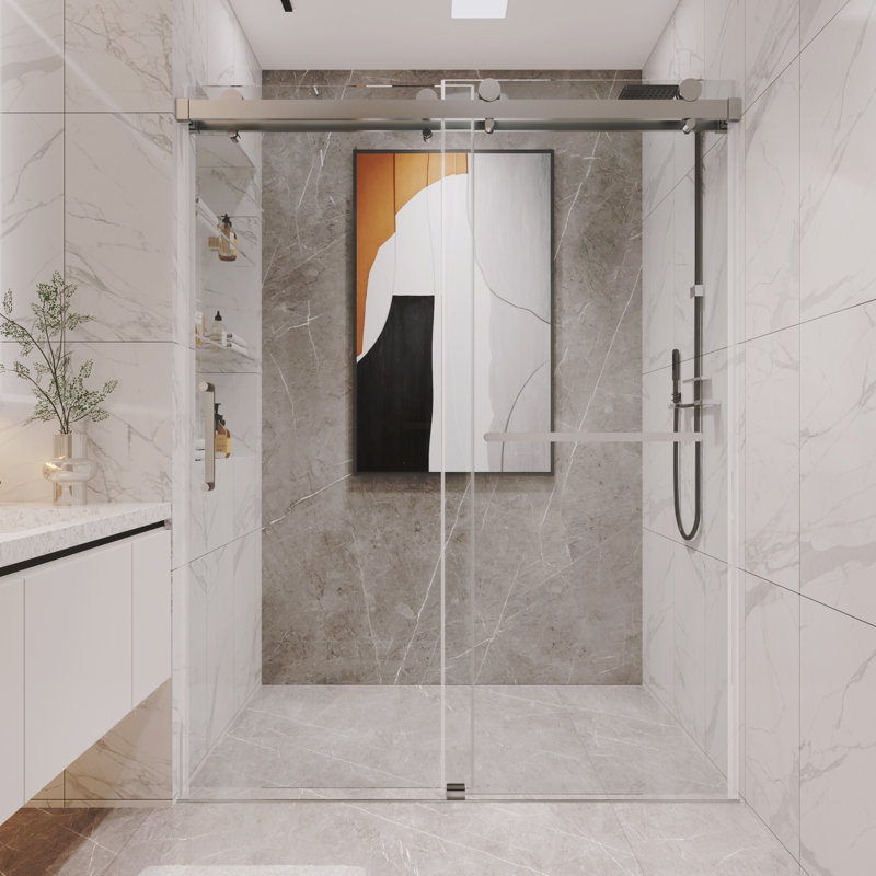 Porte de douche coulissante double sans cadre avec verre facile à nettoyer de 55 à 59 po x H 76 po Oceanus, Nickel brossé