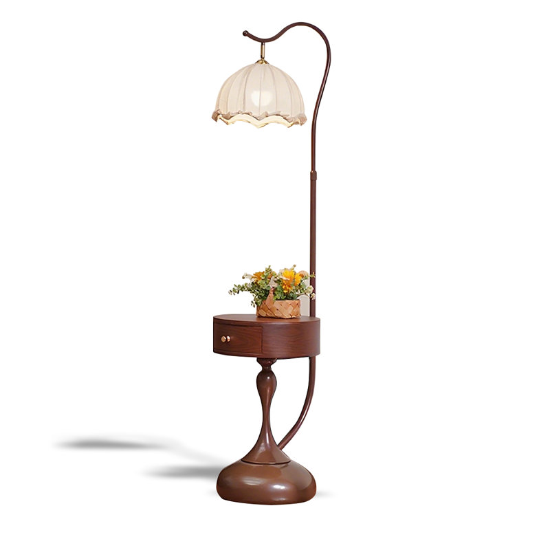 Lampes rondes en bois massif + fer + tissus, Brun noyer
