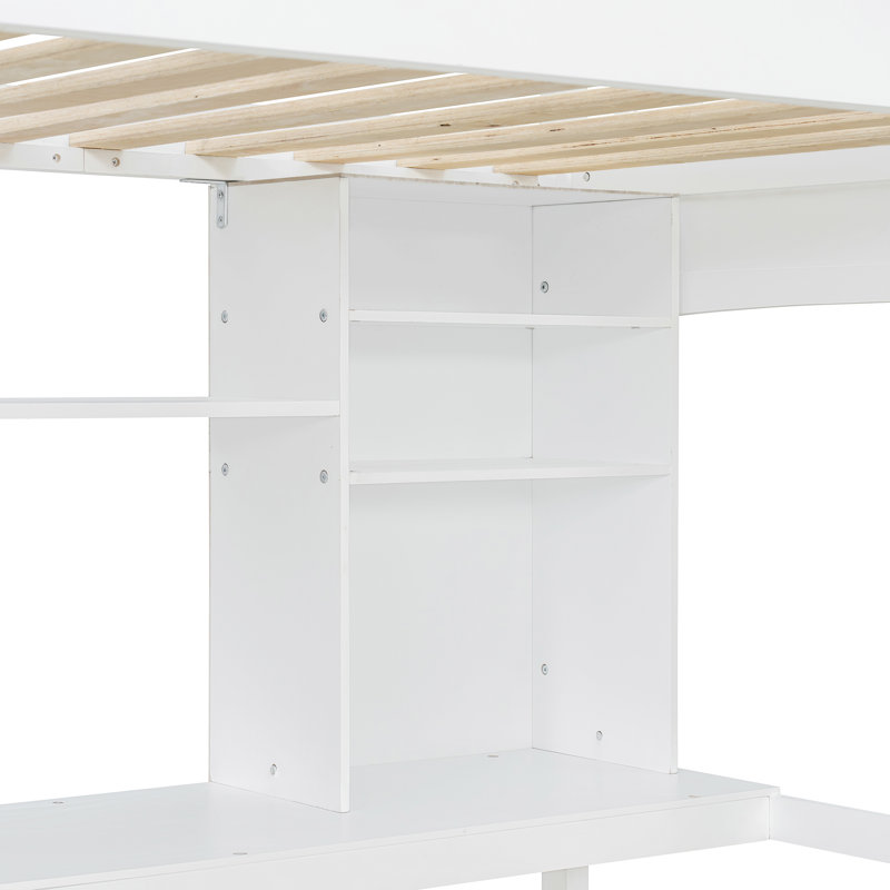 Lit mezzanine avec bureau intégré et tablettes de rangement, taille simple, Blanc