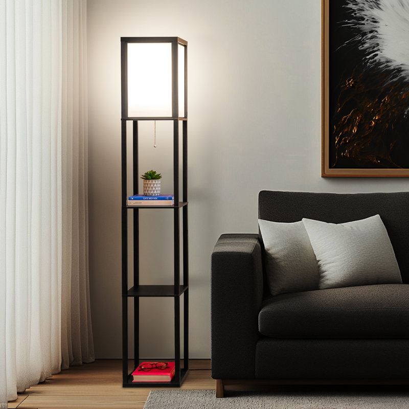 Maxwell 63 in. 3-Shelf USB-Charging LED Floor Lamp with Fabric Square Shade, Black, Black