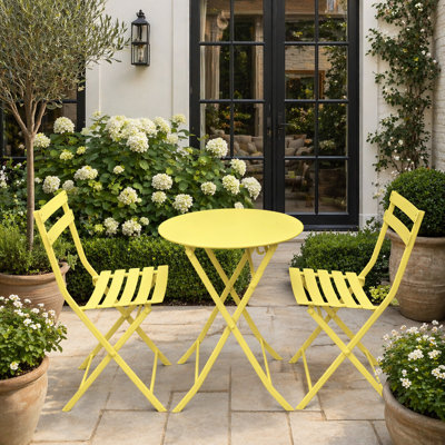 Ensemble bistro 3 pièces avec chaises pliantes et table ronde, jaune vif pour l'intérieur et l'extérieur