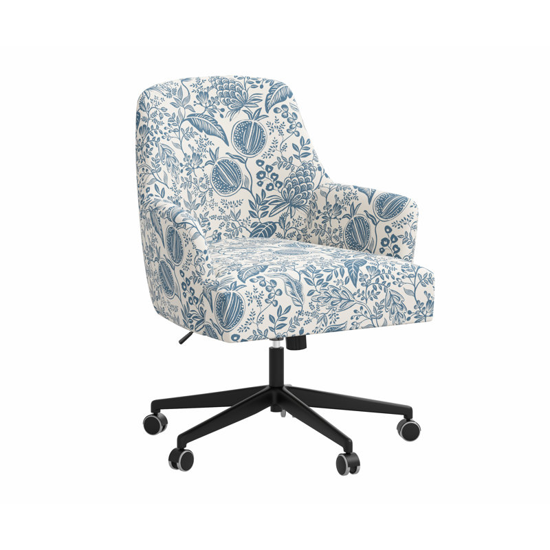 Chaise de bureau avec base Yvette, Lin bleu et grenade RPC, Matte Black