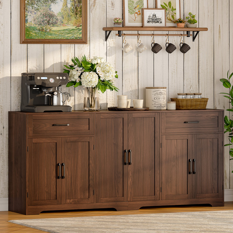 71" Farmhouse Sideboard Buffet Cabinet with Storage, Large Kittchen Credenza with 2 Drawers & 6 Doors, Modern Wooden Coffee Bar Cabinet for Kitchen Dining Room & Living Room, Dark Brown