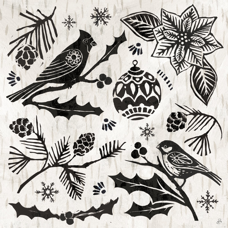 Woodcut Christmas VI, H 12 po x l 12 po, Oui, Papier avec cadre noyer
