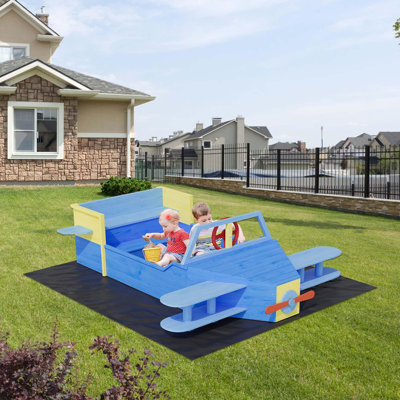 Bac à sable en bois pour avion - Bac à sable d'extérieur pour enfants avec revêtement de drainage, bancs pliables et conception ludique pour la cour, 4 ans et plus